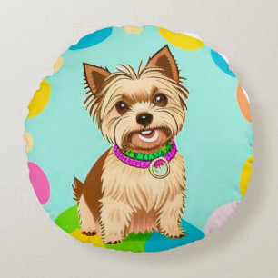 Cute Animated Dog with Collar Round Pillow
