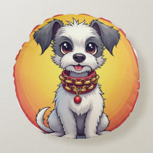 Cute Animated Dog with Collar Round Pillow