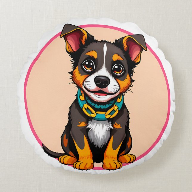 Cute Animated Dog with Collar Round Pillow (Front)