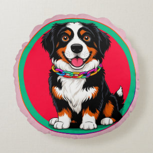 Cute Animated Dog with Collar Round Pillow