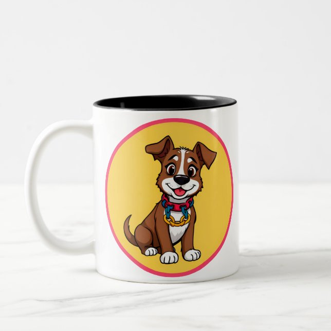 Cute Animated Dog with Collar Two-Tone Coffee Mug (Left)