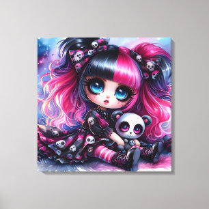 Cute Animated Doll, Panda Bear and Skulls Canvas Print