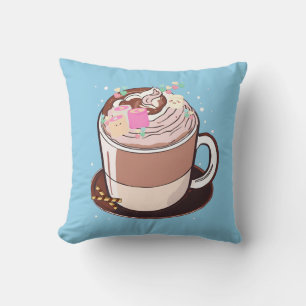 Cute Animated Hot Chocolate Marshmallows Cartoon Throw Pillow