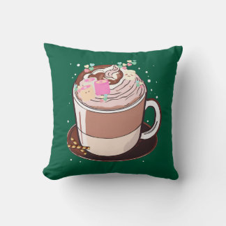 Cute Animated Hot Chocolate Marshmallows Cartoon Throw Pillow