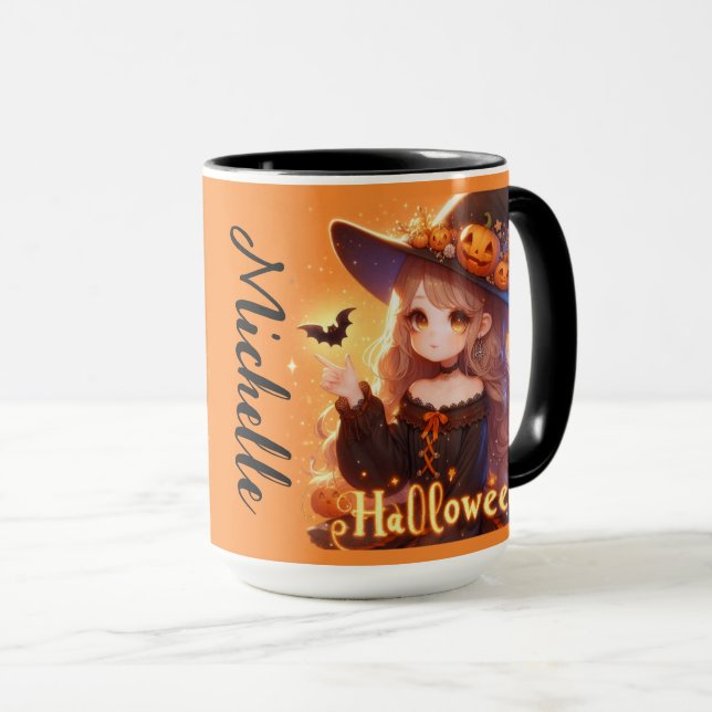 Cute animated witch with bats personalized mug (Front Right)