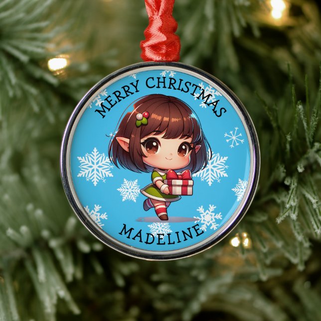 Cute Anime Asian Elf Personalized Christmas Metal Ornament (Tree)