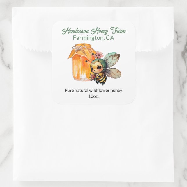 Cute Anime Bee Honey Jar Square Sticker (Bag)