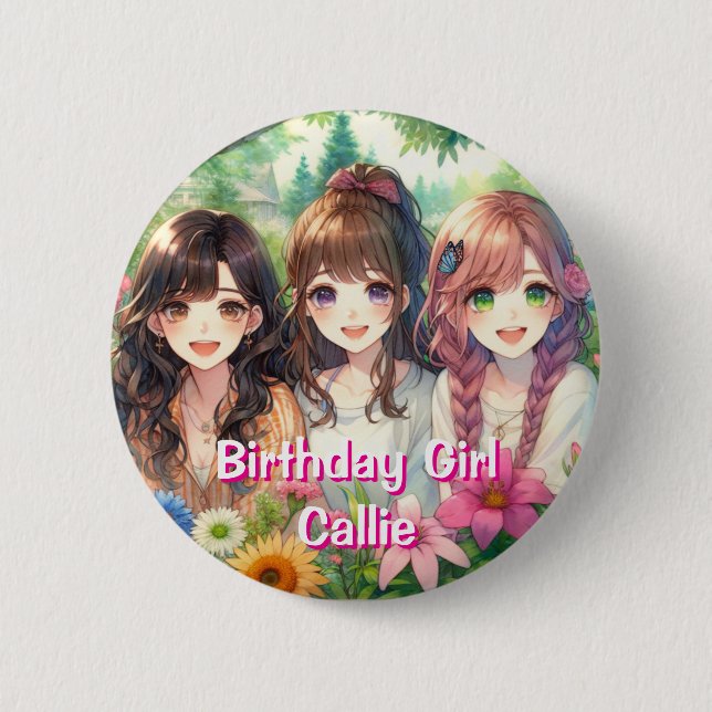 Cute Anime Birthday Girl Personalized 2 Inch Round Button (Front)