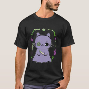 Cute Anime Black Cat Ghost And Knife For Halloween T-Shirt