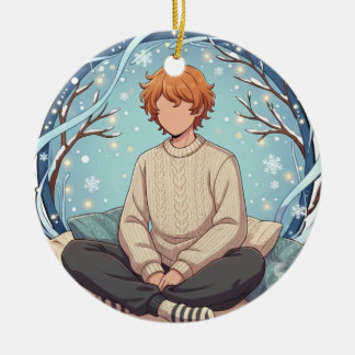 Cute Anime Boy Drinking Coffee in Winter Ceramic Ornament