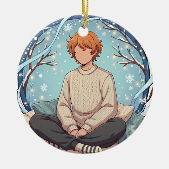 Cute Anime Boy Drinking Coffee in Winter Ceramic Ornament (Front)