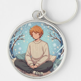 Cute Anime Boy Drinking Coffee in Winter Keychain