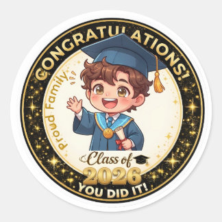 Cute Anime Boy Graduation Class of 2026 Gold  Classic Round Sticker