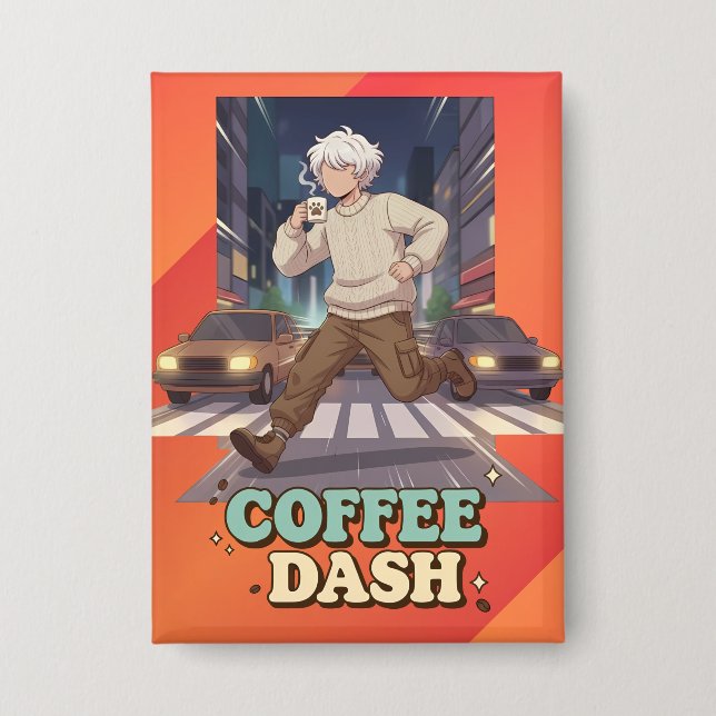 Cute Anime Boy Running in the City with Coffee (Front)