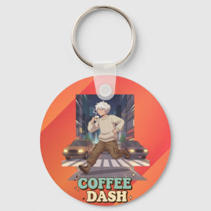Cute Anime Boy Running in the City with Coffee Keychain