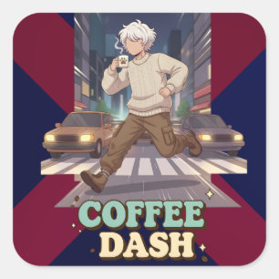Cute Anime Boy Running in the City with Coffee Square Sticker