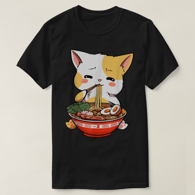 Cute Anime Cat Eating Ramen T-Shirt (Design Front)