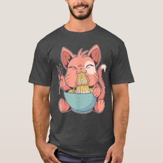 Cute anime cat feeds pasta in ramen soup T-Shirt