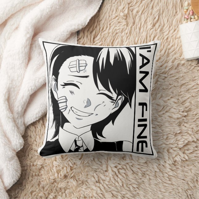 Cute Anime Character: "I'M FINE" Throw Pillow (Blanket)