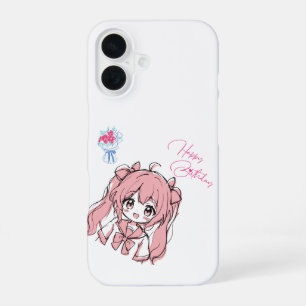  Cute Anime Chibi Girl Happy Birthday Pink iPhone  16 Case