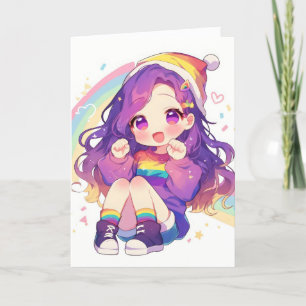 Cute Anime Chibi Girl Rainbow Holiday Card