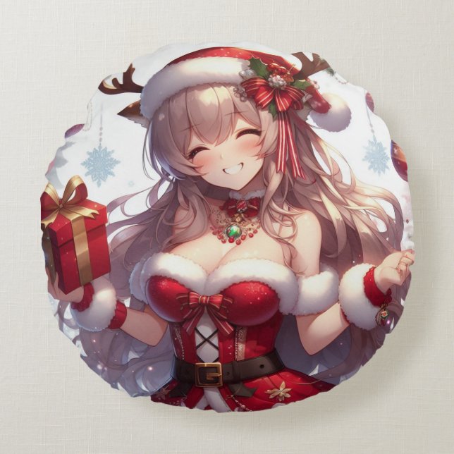 Cute anime Christmas girl Round Pillow (Front)