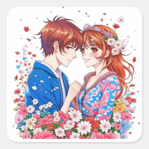 Cute Anime Couple Cuddling Square Sticker