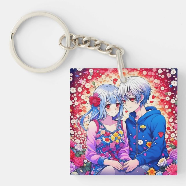 Cute Anime Couple, Flowers and Heart Personalized Keychain (Front)