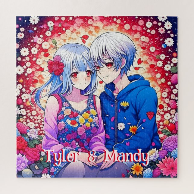 Cute Anime Couple, Flowers and Hearts Personalized Jigsaw Puzzle (Vertical)