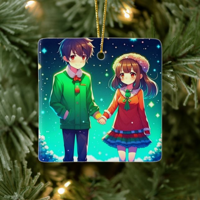 Cute Anime Couple Holding Hands Personalized  Ceramic Ornament (Tree)