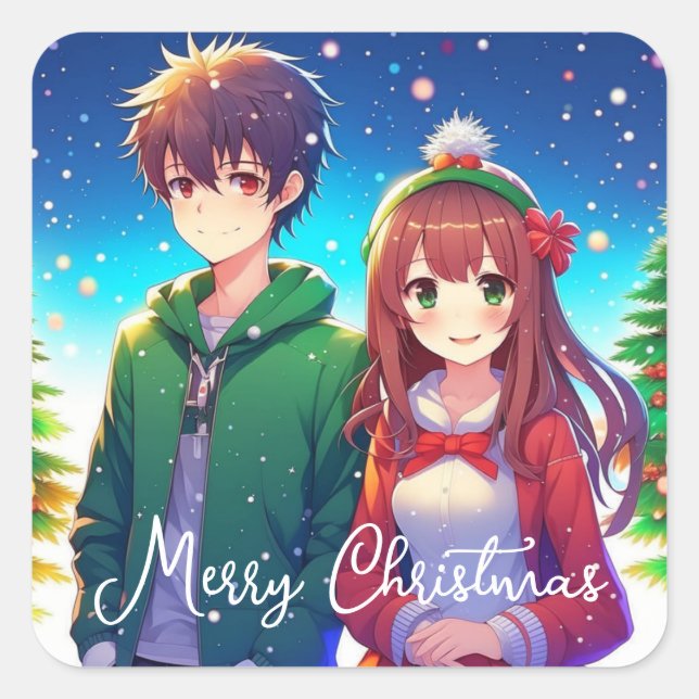 Cute Anime Couple | Merry Christmas  Square Sticker (Front)