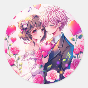 Cute Anime Couple   Valentine's Day Classic Round Sticker