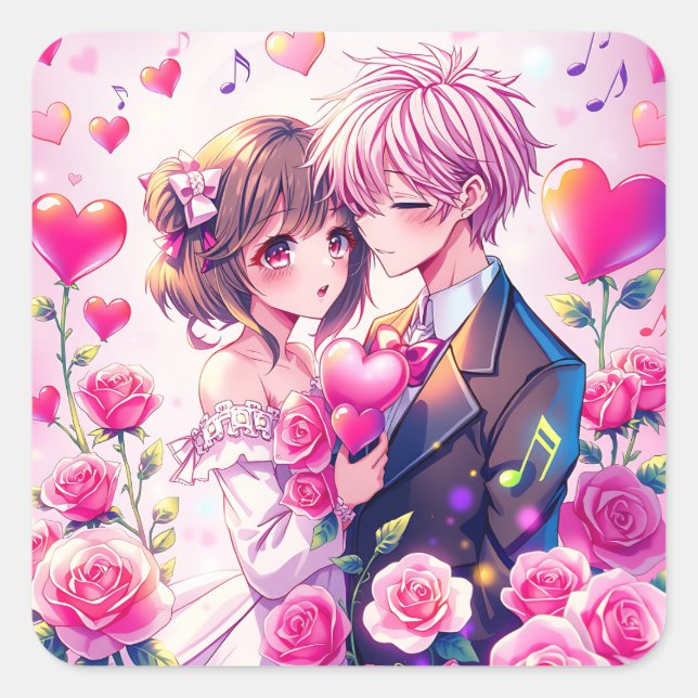 Cute Anime Couple | Valentine's Day Square Sticker (Front)