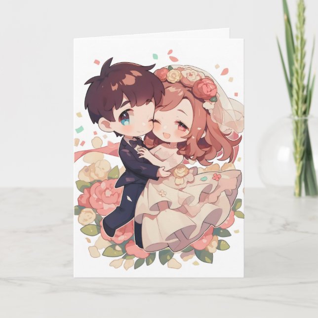 Cute Anime Couple Wedding Holiday Card (Front)