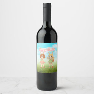 Cute anime Easter bunny girls Wine Label