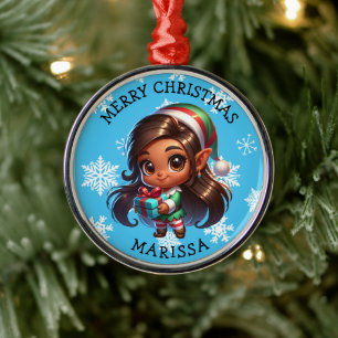 Cute Anime Elf of Color Personalized Christmas Metal Ornament