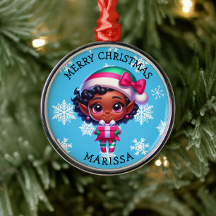 Cute Anime Elf of Color Personalized Christmas Metal Ornament