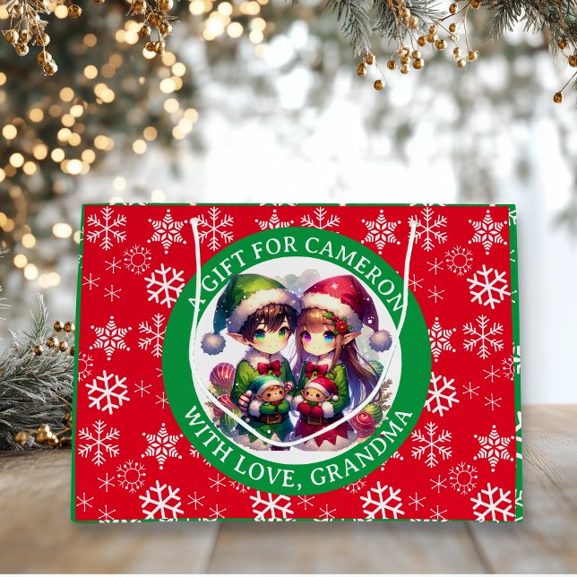 Cute Anime Elves Christmas Personalized Large Gift Bag (Creator Uploaded)