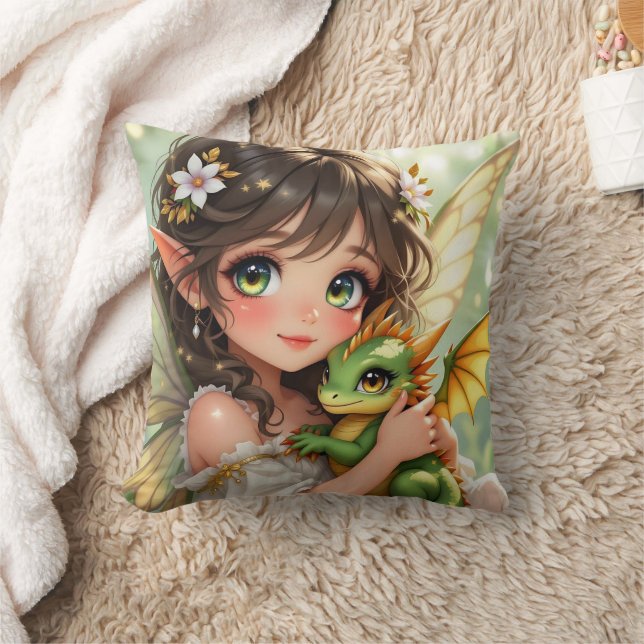 Cute Anime Fairy and Chibi Dragon  Throw Pillow (Blanket)