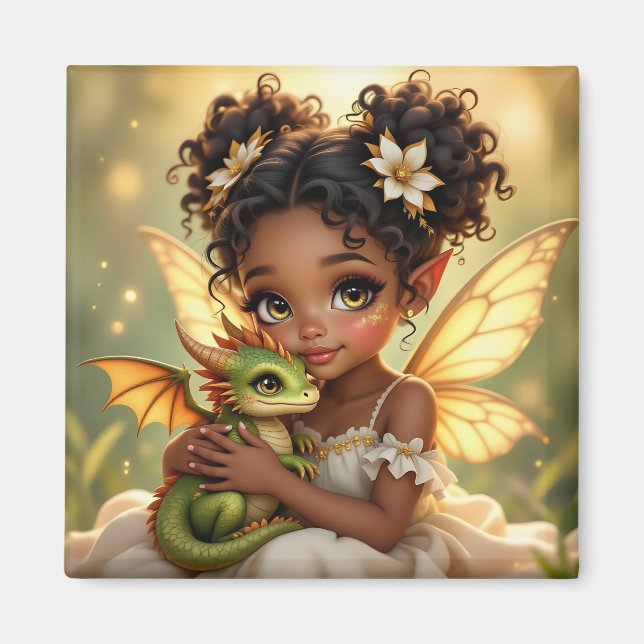 Cute Anime Fairy Girl and Chibi Dragon Magnet (Front)