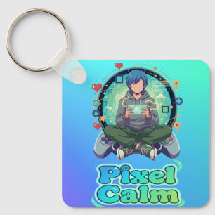 Cute Anime Gamer Boy Pixel Calm Keychain