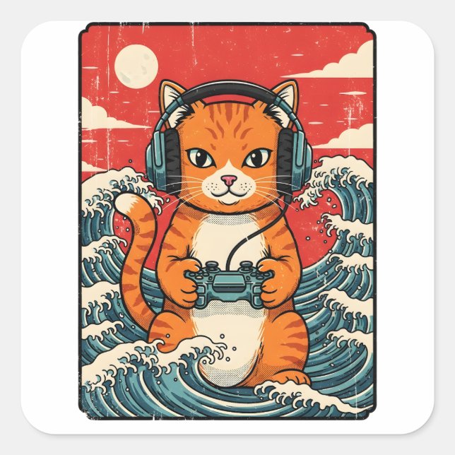Cute Anime Gamer Cat Japanese Gaming Retro Square Sticker (Front)
