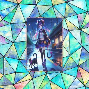 Cute Anime Gamer Girl & Cat   Extra Large  Canvas Print
