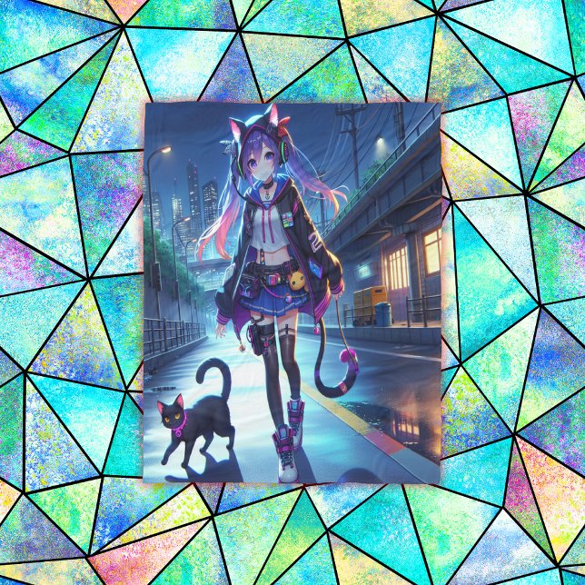 Cute Anime Gamer Girl & Cat | Large  Fleece Blanket (Creator Uploaded)