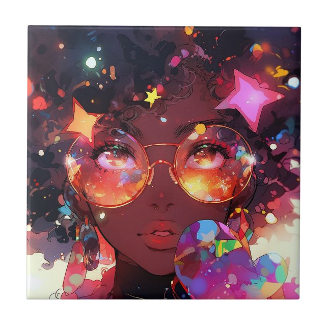 Cute Anime Girl African American Art Tile (Front)