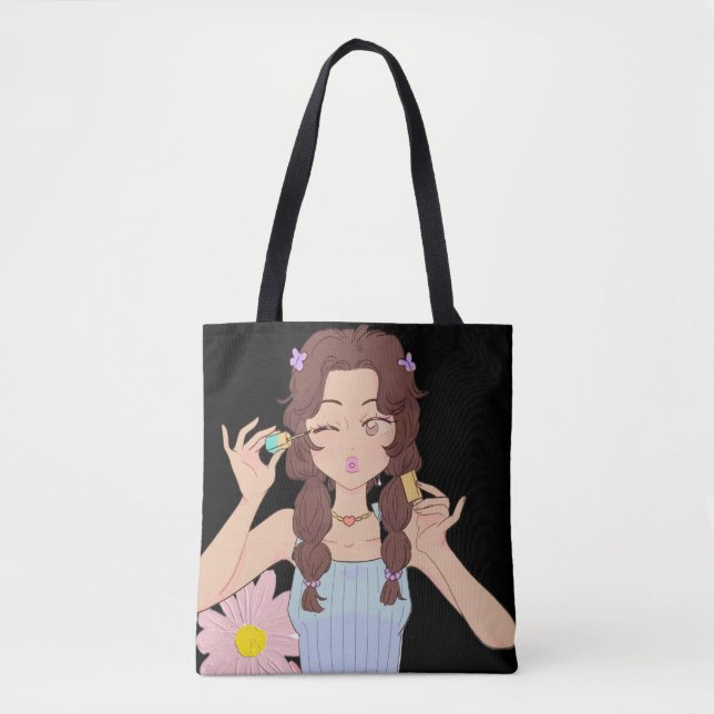 Cute Anime Girl Applying Mascara | Self-Care  Tote Bag (Front)