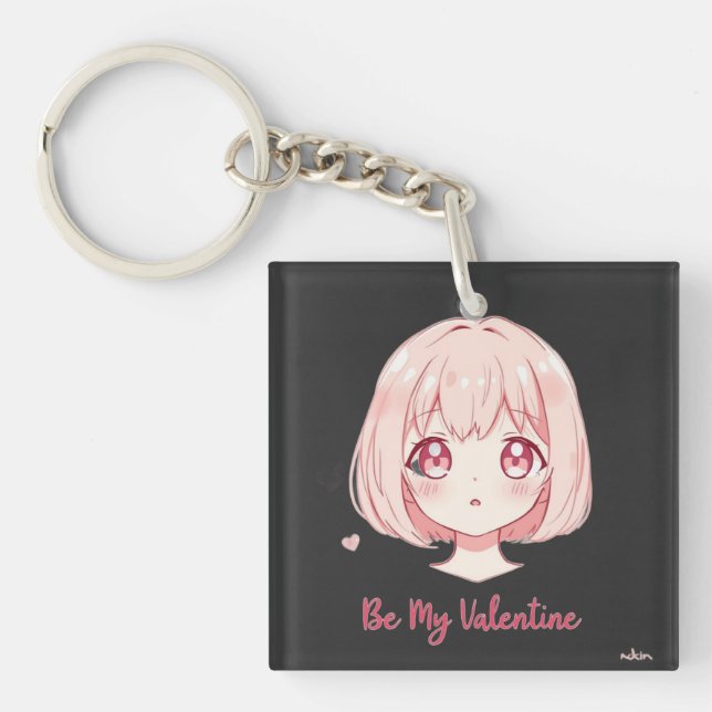 Cute Anime Girl - Be My Valentine T-Shirt Keychain (Front)