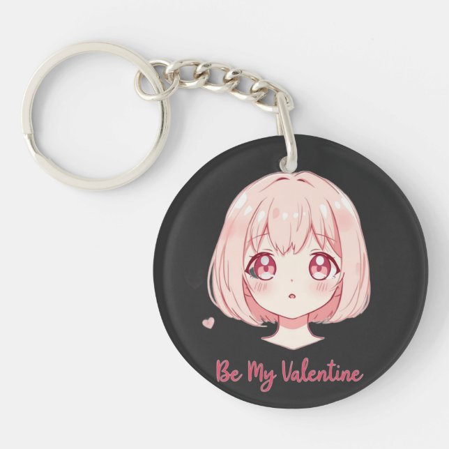 Cute Anime Girl - Be My Valentine T-Shirt Keychain (Front)