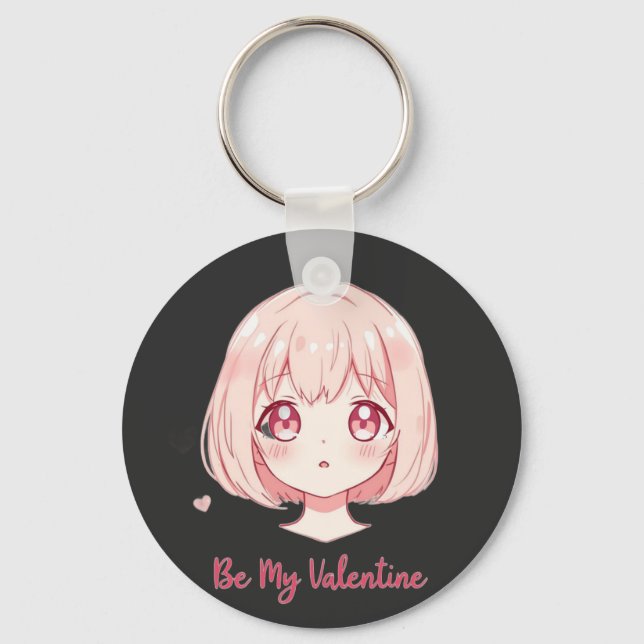 Cute Anime Girl - Be My Valentine T-Shirt Keychain (Front)