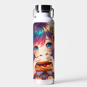 Cute Anime Girl eating a Peanut Butter and Jelly Water Bottle